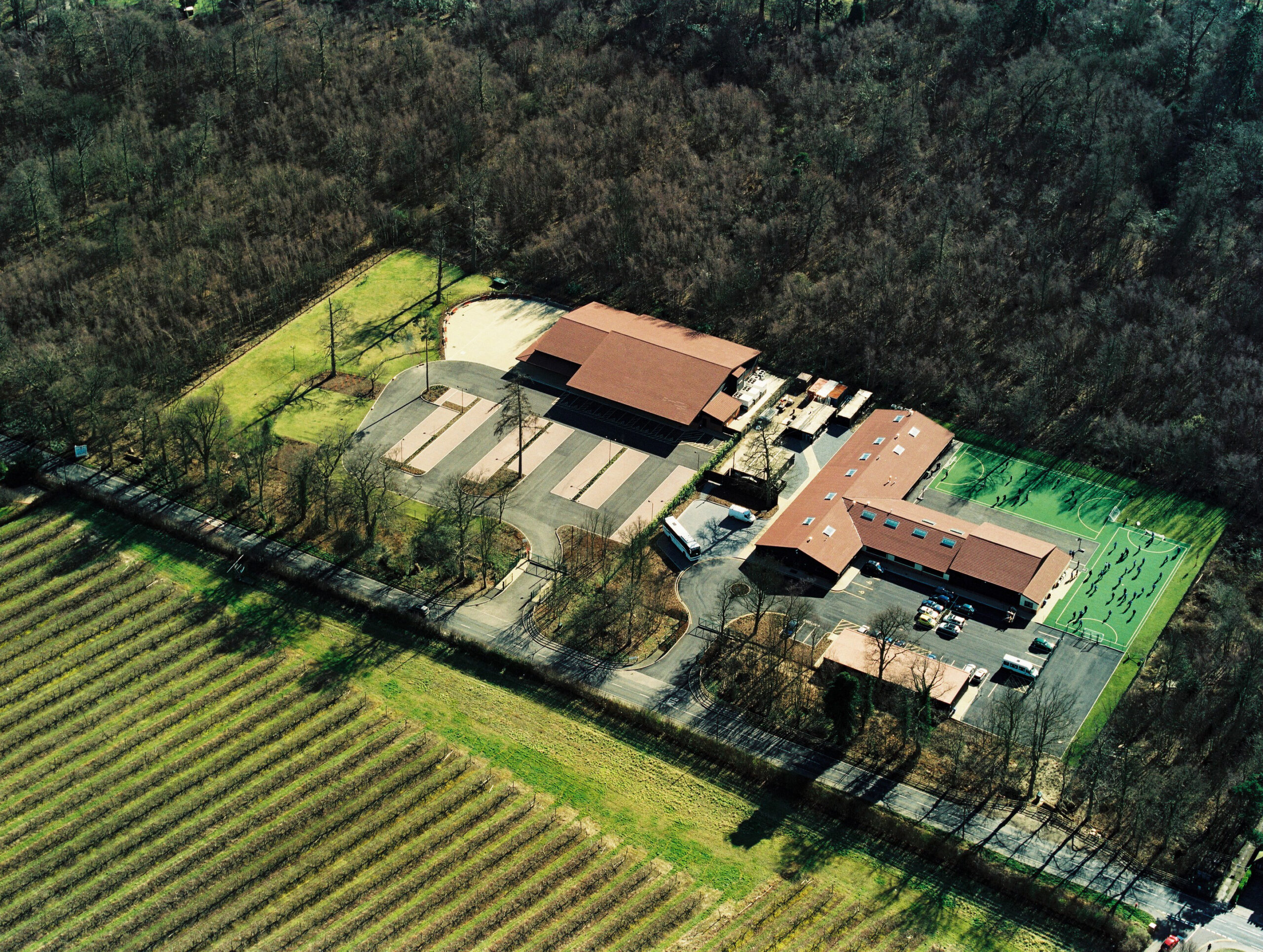 Aerial View Of Linton Park School Surrounded By Fields And Trees