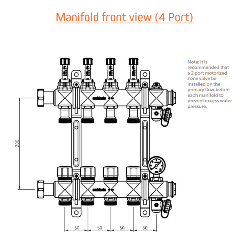 413 Series Underfloor Heating Manifold Front View (4 Port) Drawing