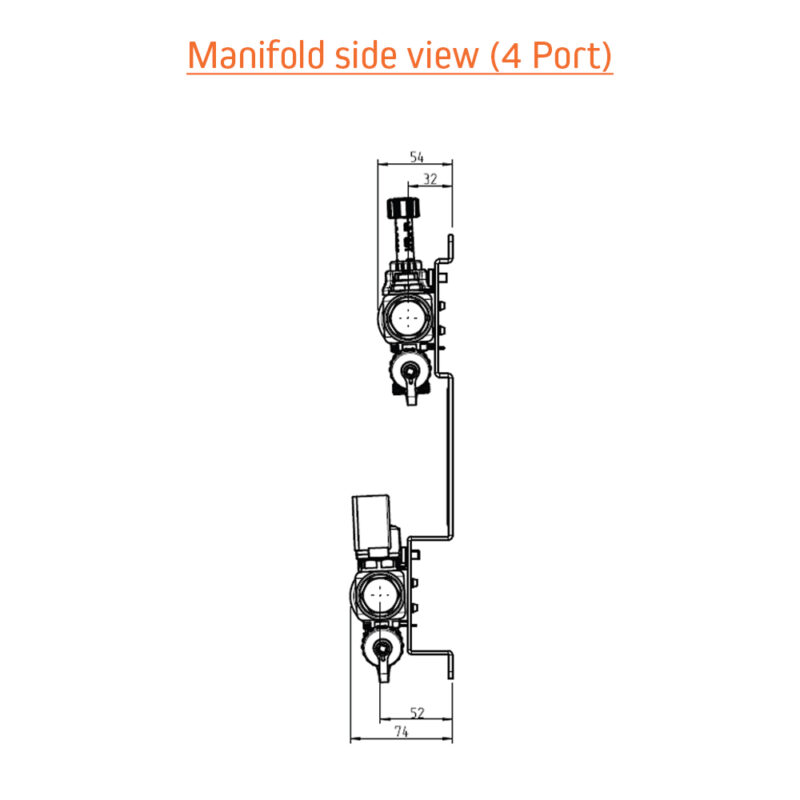 413 Series Underfloor Heating Manifold Side View (4 Port) Drawing
