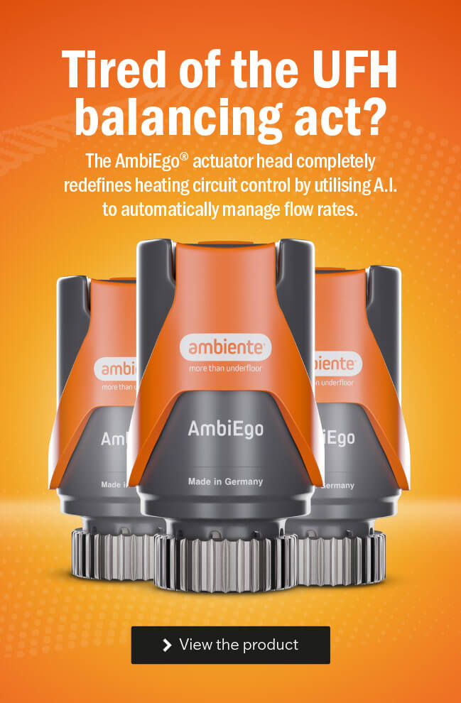 AmbiEgo Self-Balancing Actuator Valve Mobile Banner With Orange Background "Tired of the Balancing Act?"