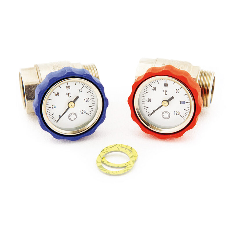 1" Isolation Ball Valves with Temperature Gauges - Red & Blue Pair