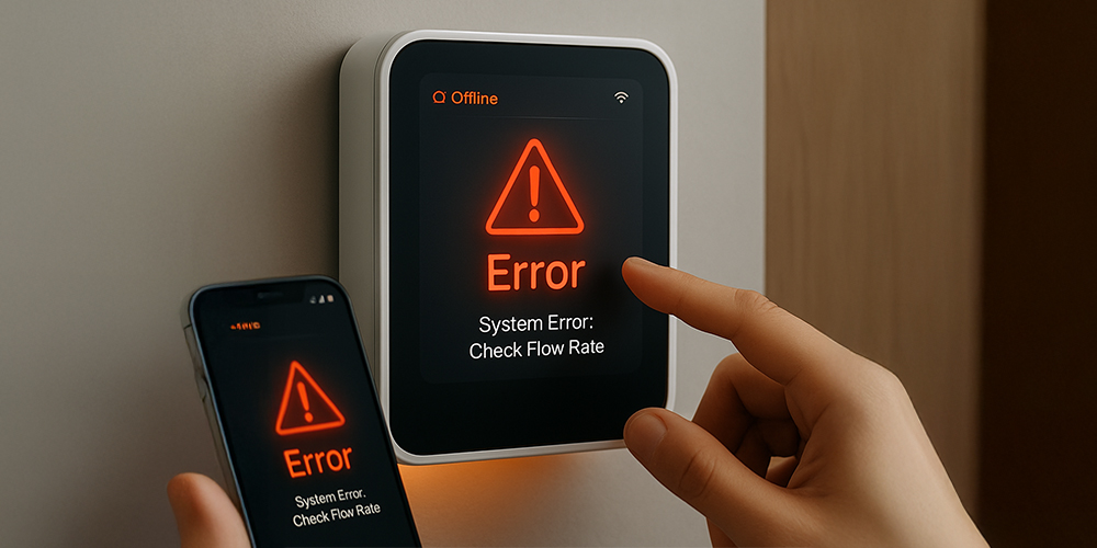 Underfloor heating system error warning on smart thermostat – troubleshooting flow rate issues during autumn switch-on.