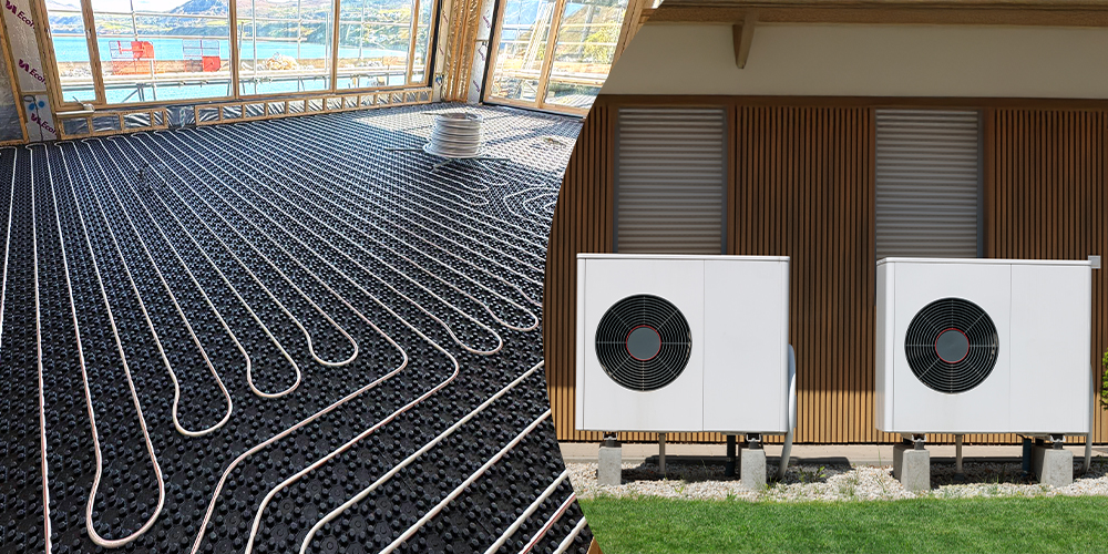 Underfloor heating installation paired with outdoor air source heat pumps - illustrating low-temperature heating design for optimal COP and comfort.